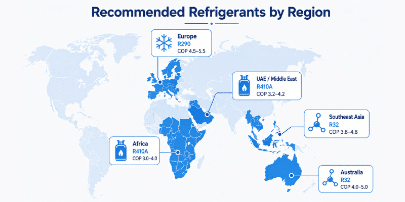 R290 vs R410A heat pump water heater refrigerant comparison by region