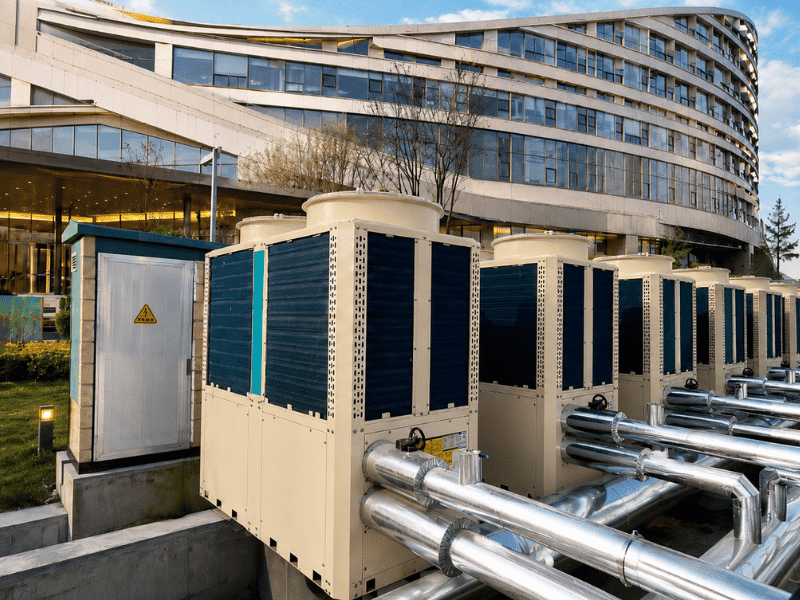 Air to water heat pump system for a boutique hotel in Turkey providing space heating and hot water supply