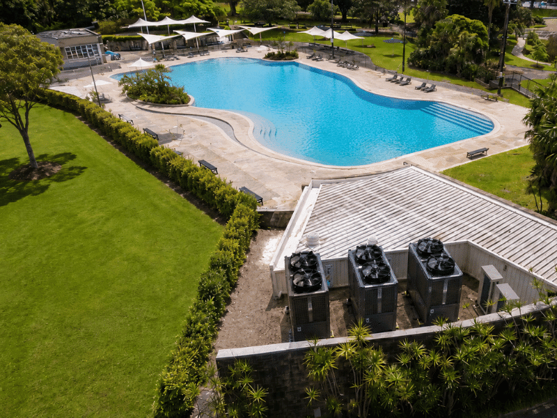 Airproz commercial pool heat pump installed at public aquatic centre — high-capacity pool heating for sports facilities