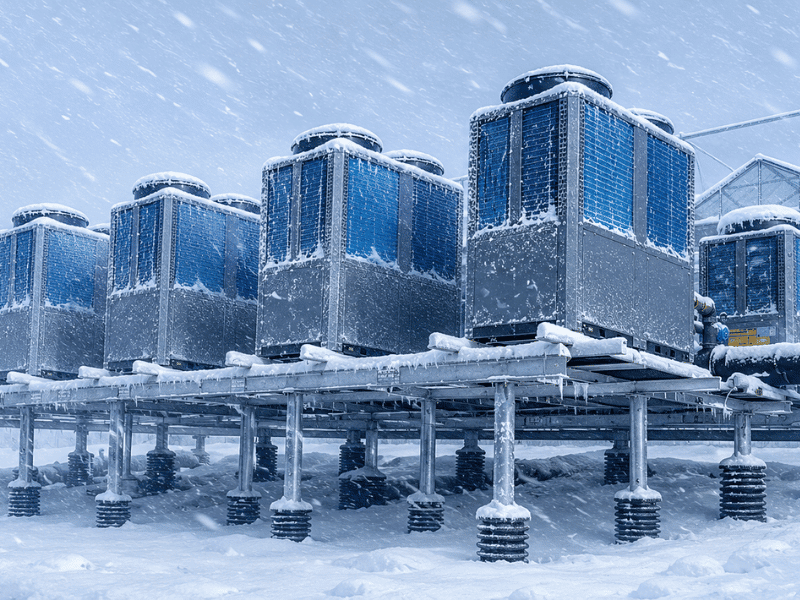AirProz commercial space heating heat pump installation at a large office complex in Warsaw, Poland, supplying radiant floor heating across multiple floors