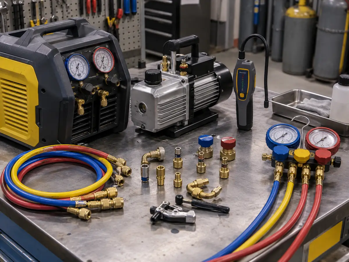 A2L HVAC service tools prepared on a professional workbench