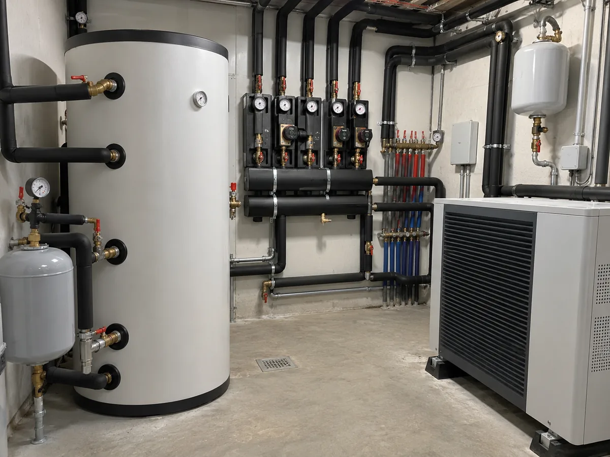 Air-to-water heat pump mechanical room with buffer tank and insulated hydronic piping.