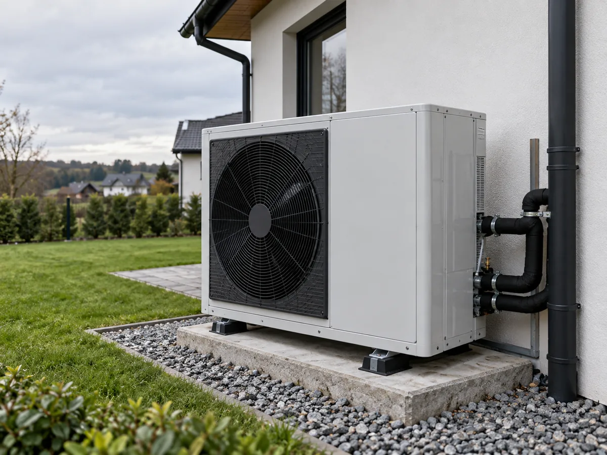 Air-to-water heat pump outdoor unit installed beside a detached home