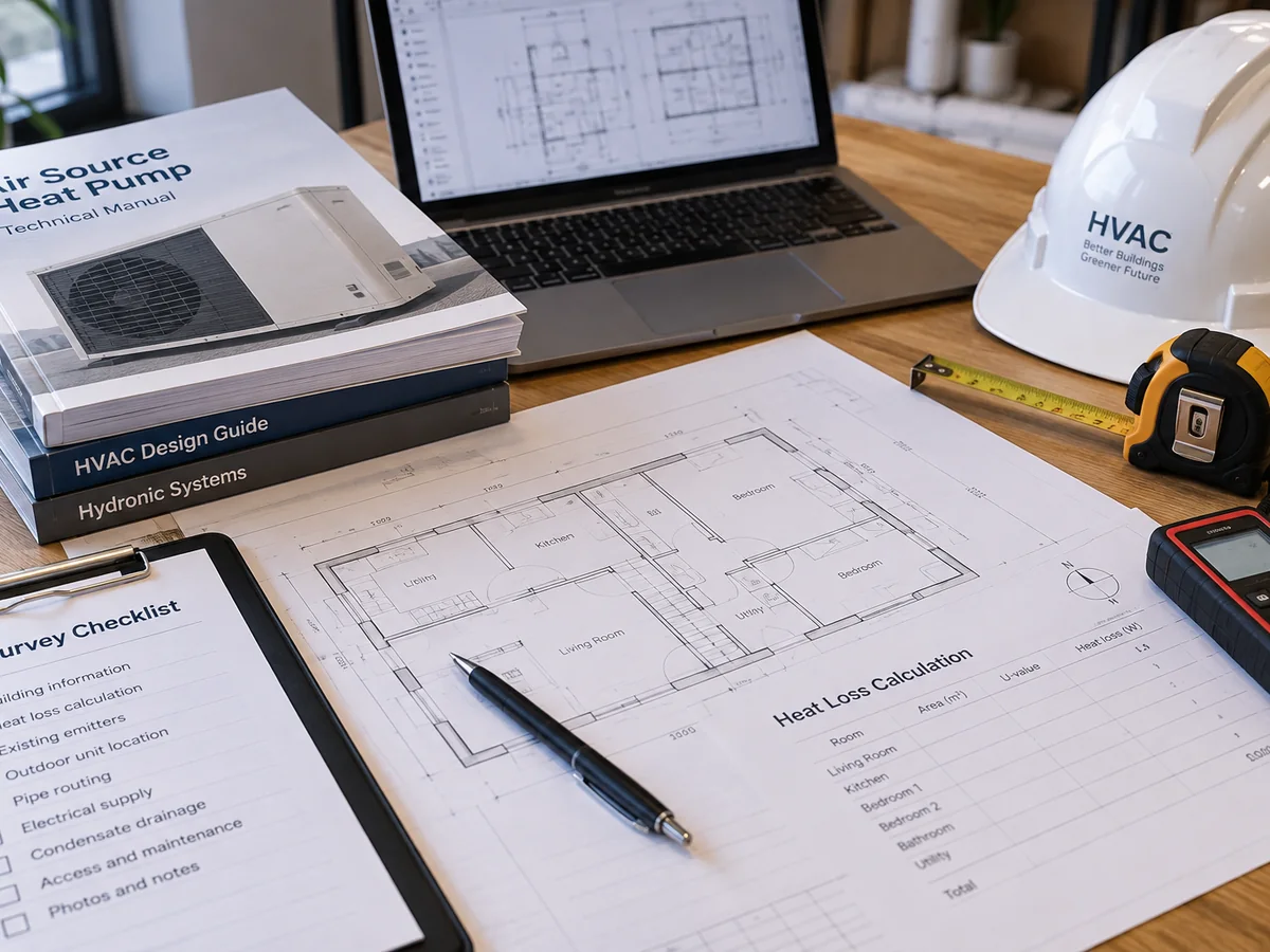 Heat pump selection workspace with building plans, calculator and measuring tools