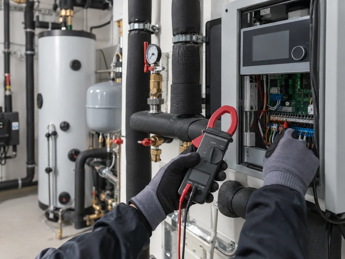 Technician checking heat pump controls and electrical measurements during commissioning