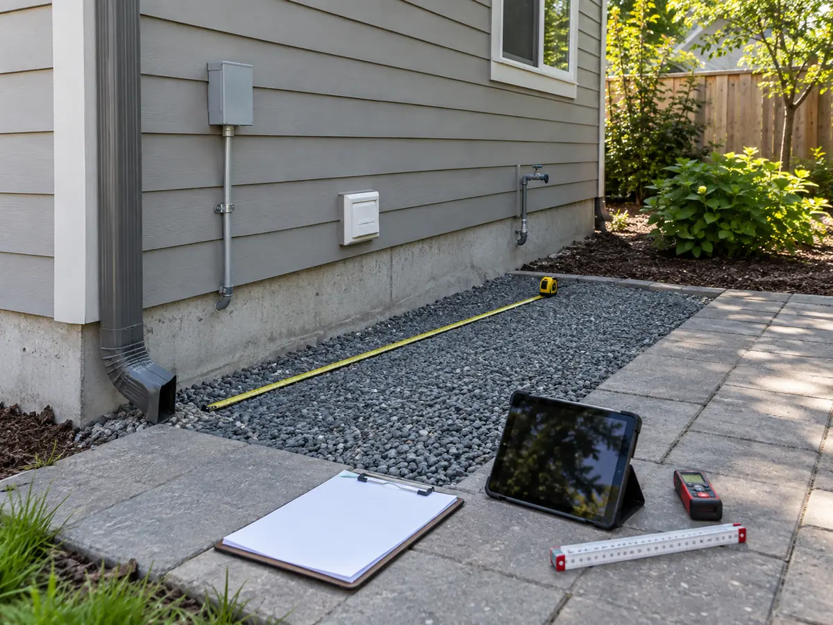 Outdoor heat pump site survey with tape measure, tablet and proposed equipment area