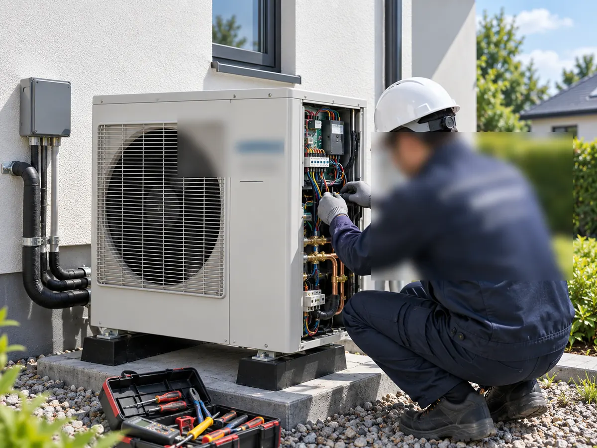 Technician inspecting an outdoor heat pump control compartment during troubleshooting