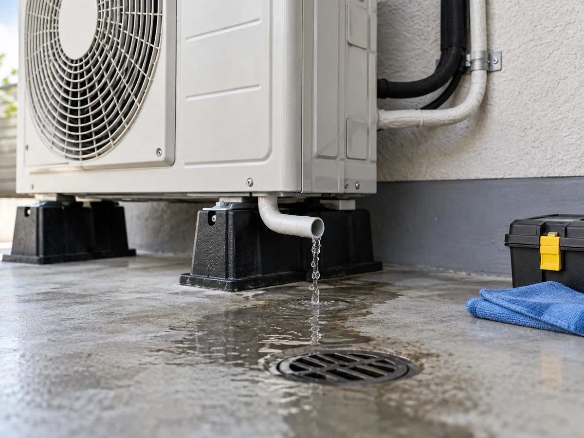 Heat pump defrost water draining safely from the outdoor unit base toward a floor drain