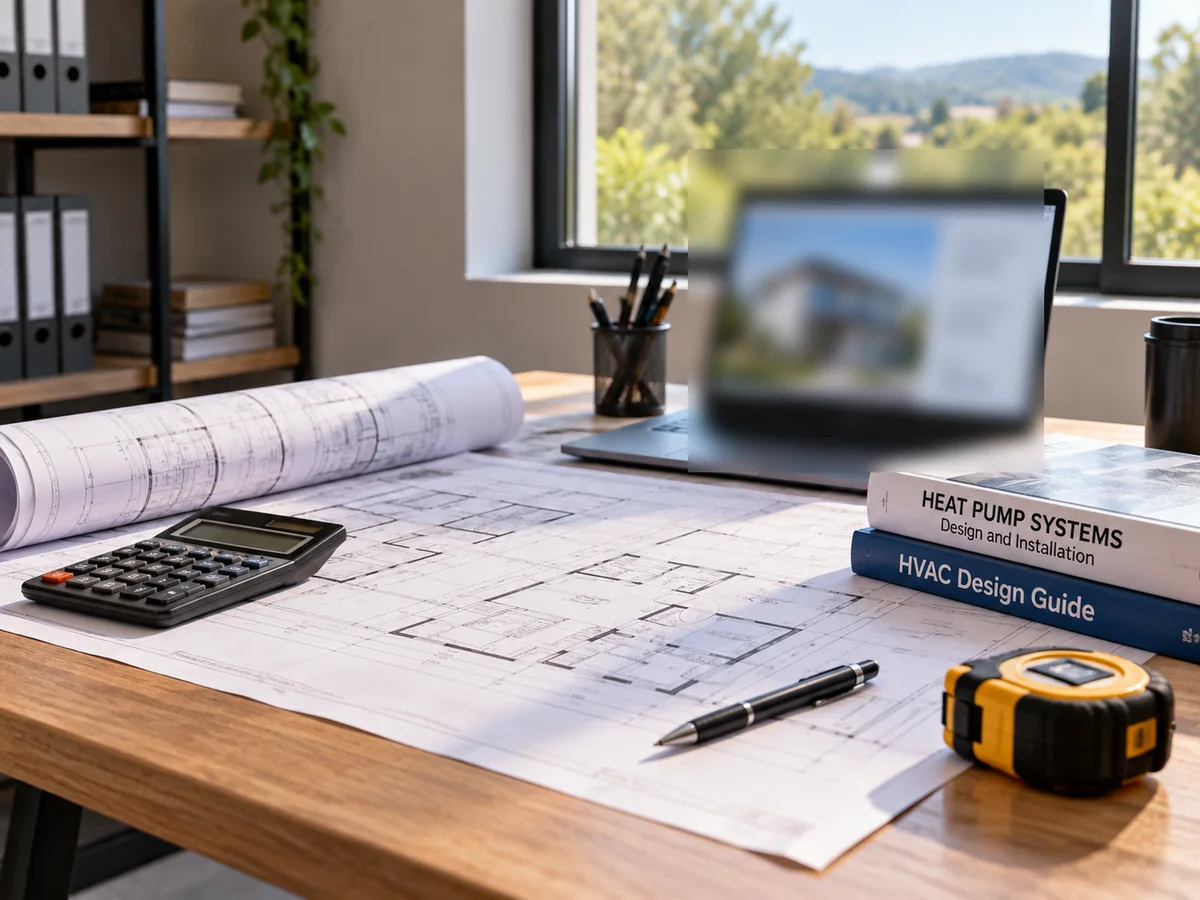 Heat pump design duty assessment workspace with plans, calculator and measuring tools