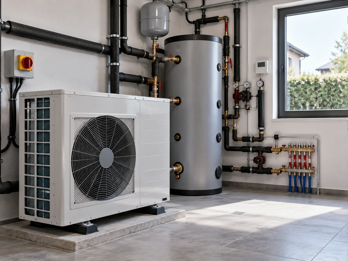 Heat pump domestic hot water and buffer tank arrangement in a mechanical room
