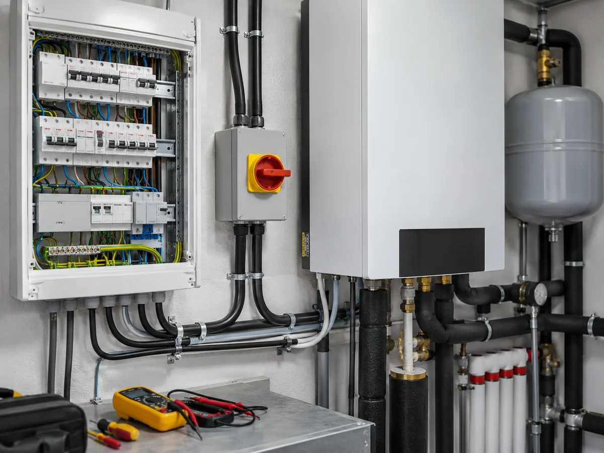 Heat pump electrical distribution panel and local isolation equipment in a plant room