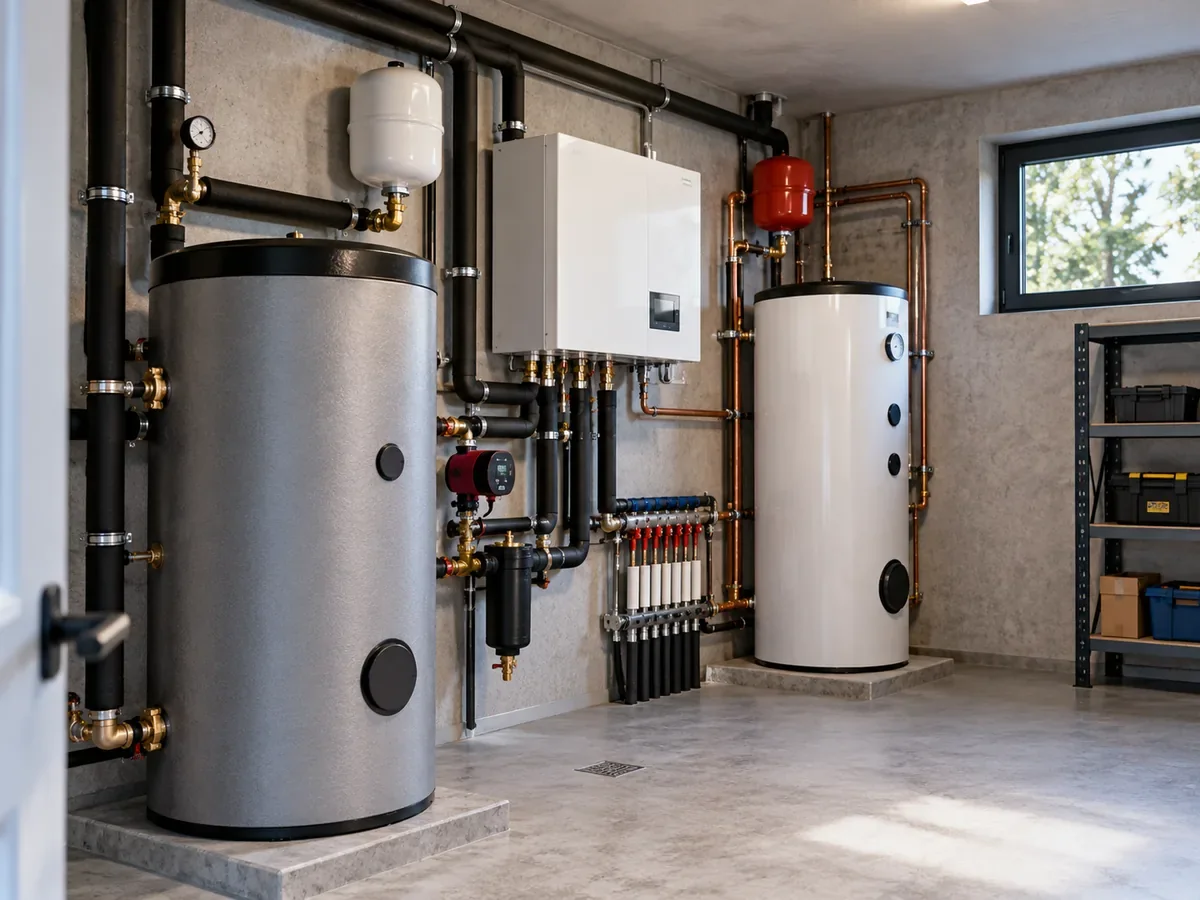 Indoor hydronic mechanical room with heat pump water system components and insulated pipework