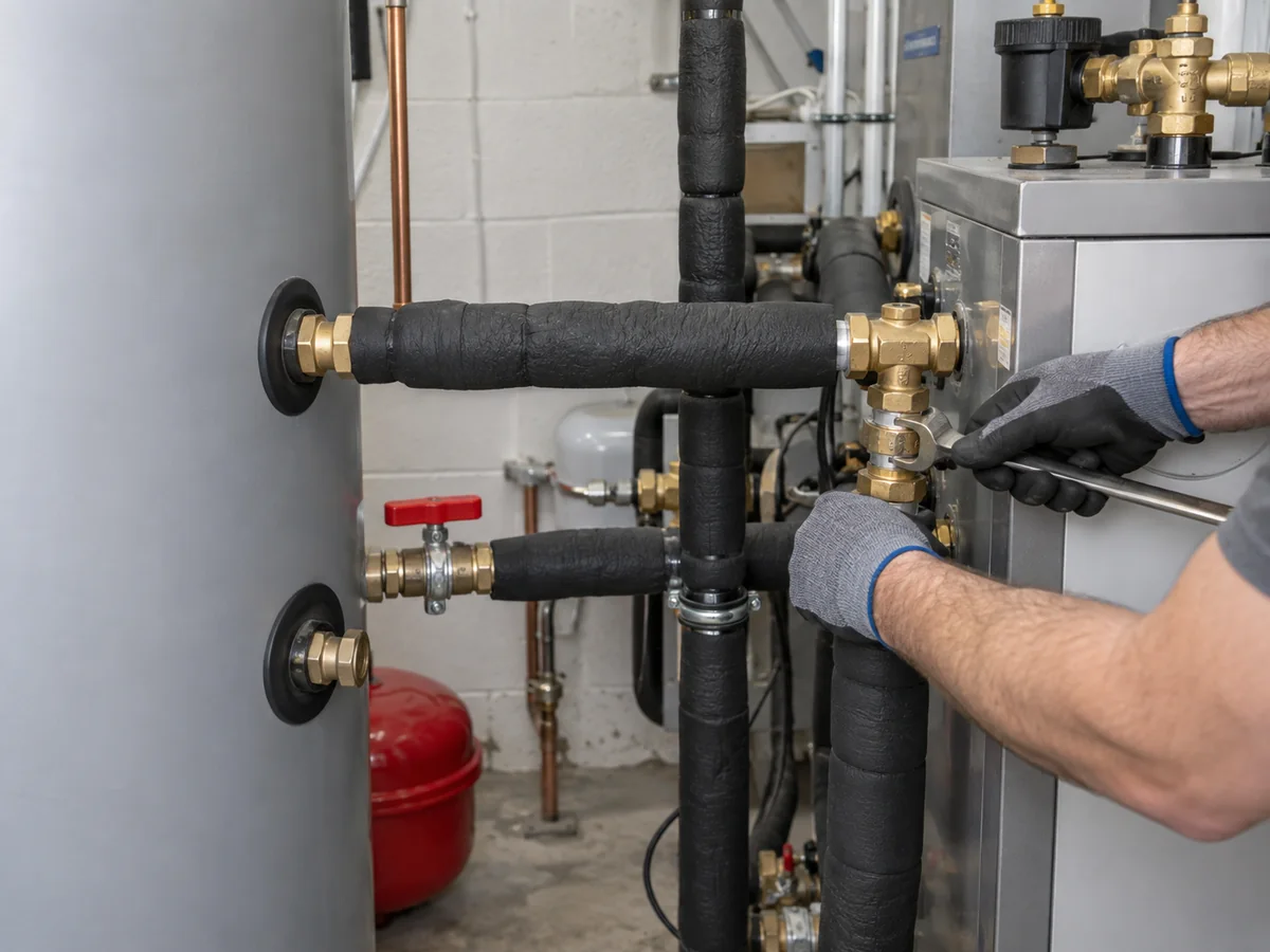 Technician hands checking insulated hydronic pipework and valve connections in a plant room