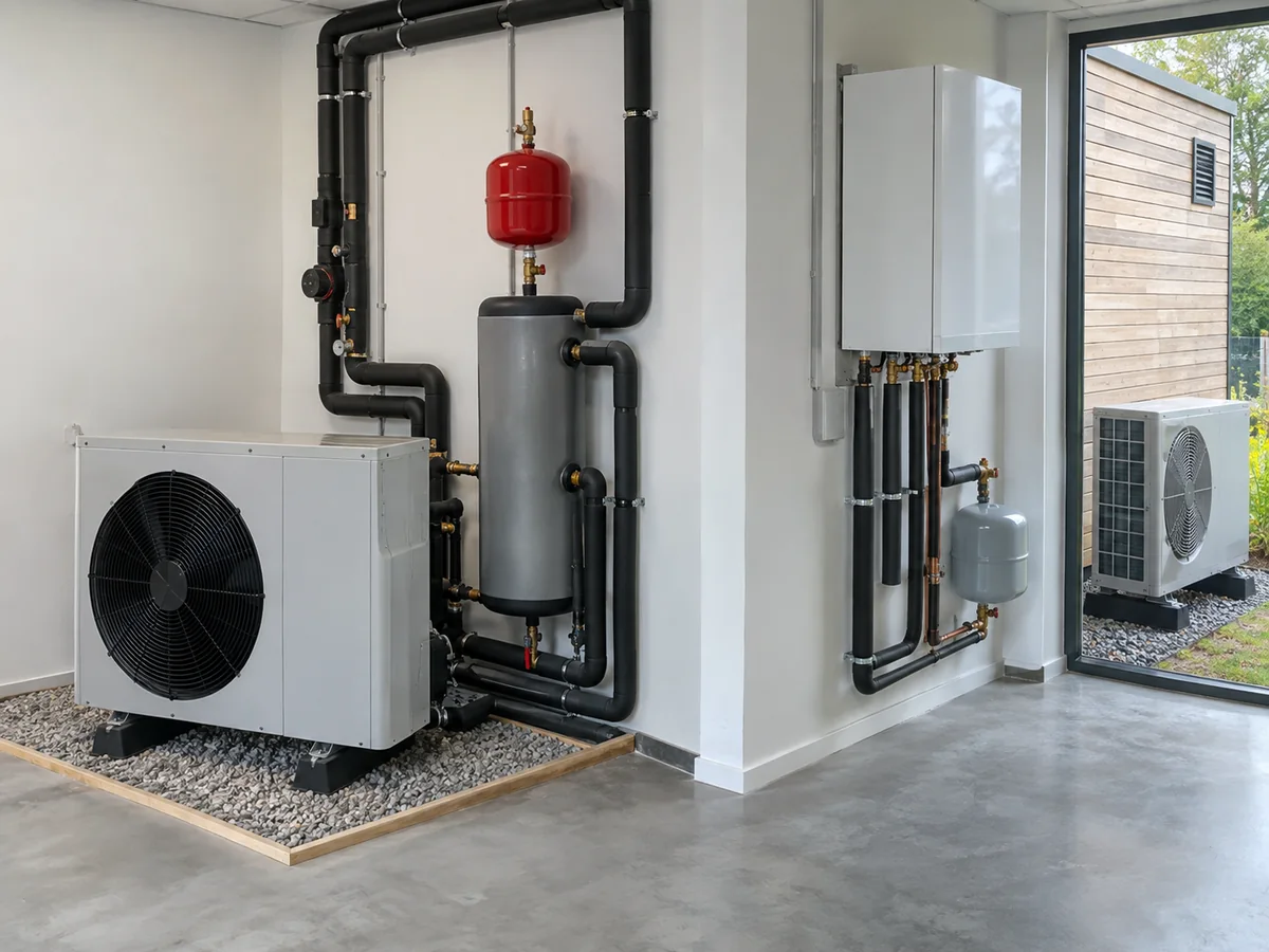 Complete air source heat pump system with outdoor unit, storage vessel and insulated hydronic pipework
