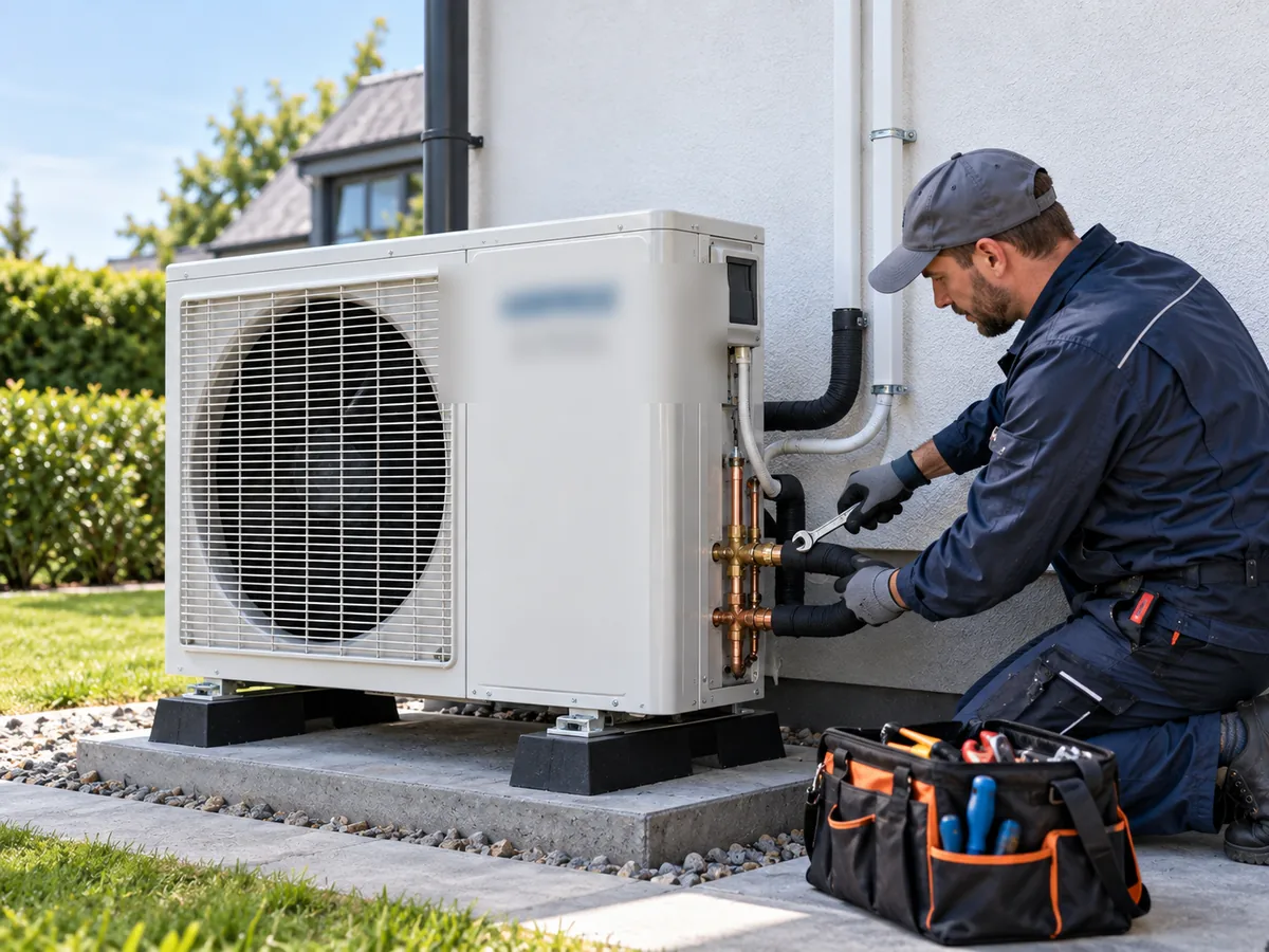 Technician connecting insulated heat pump pipework during installation