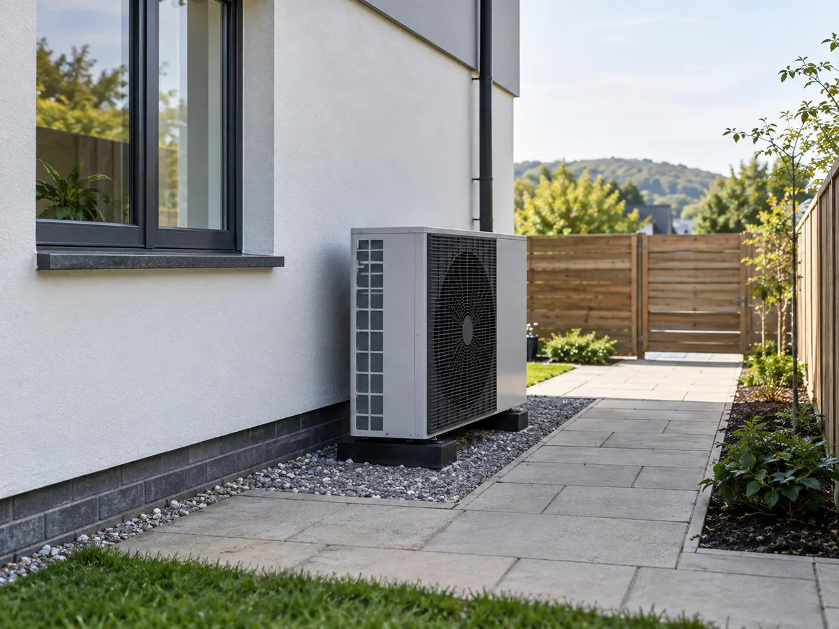 Heat pump outdoor unit installed near a boundary and access path for siting and noise review