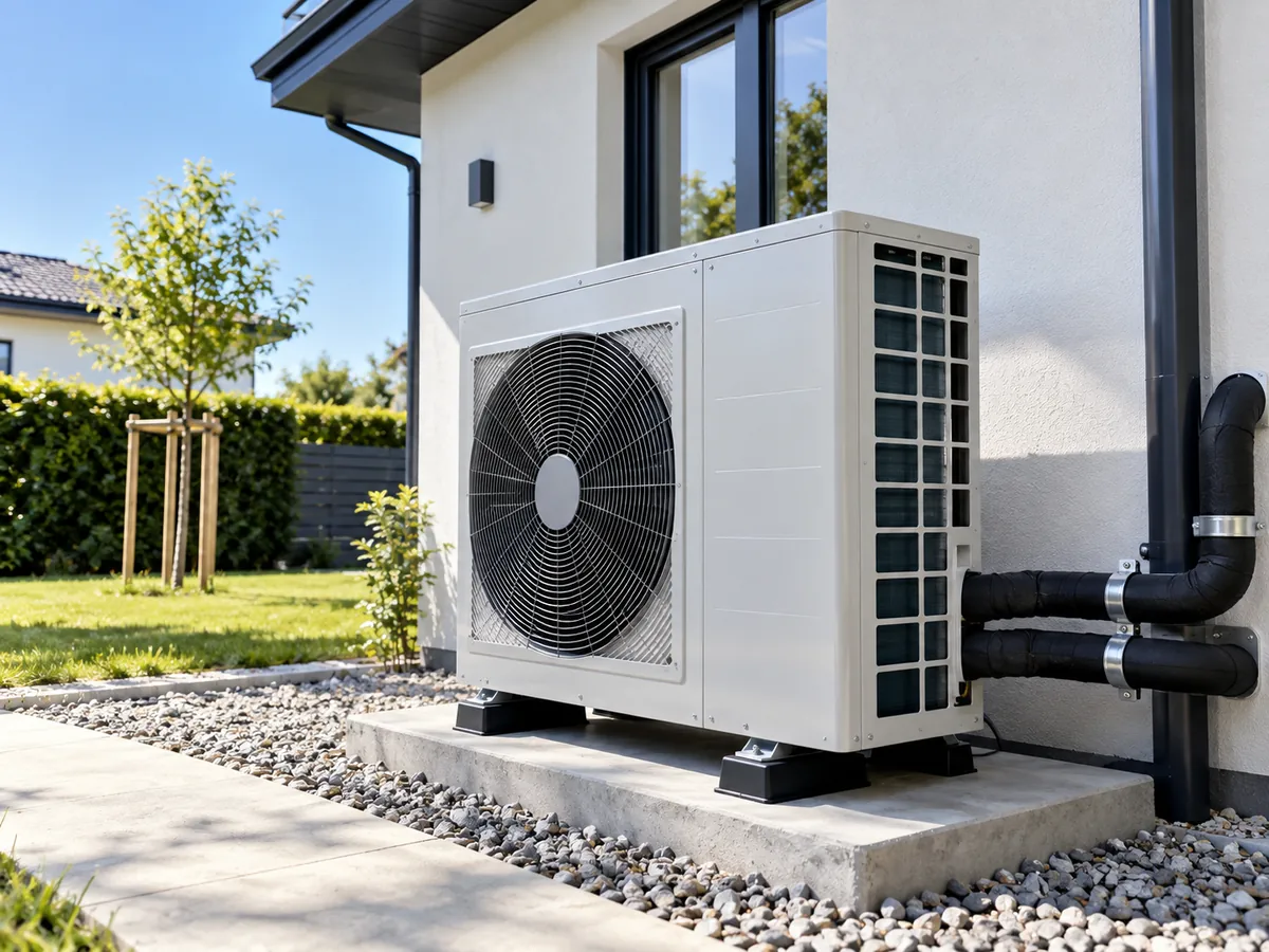Heat pump outdoor unit positioned beside a building with an open service path