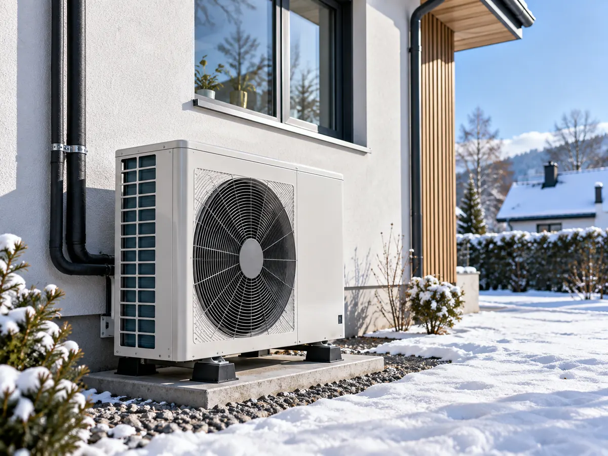 Heat pump outdoor unit beside a house with clear access and open airflow around the unit