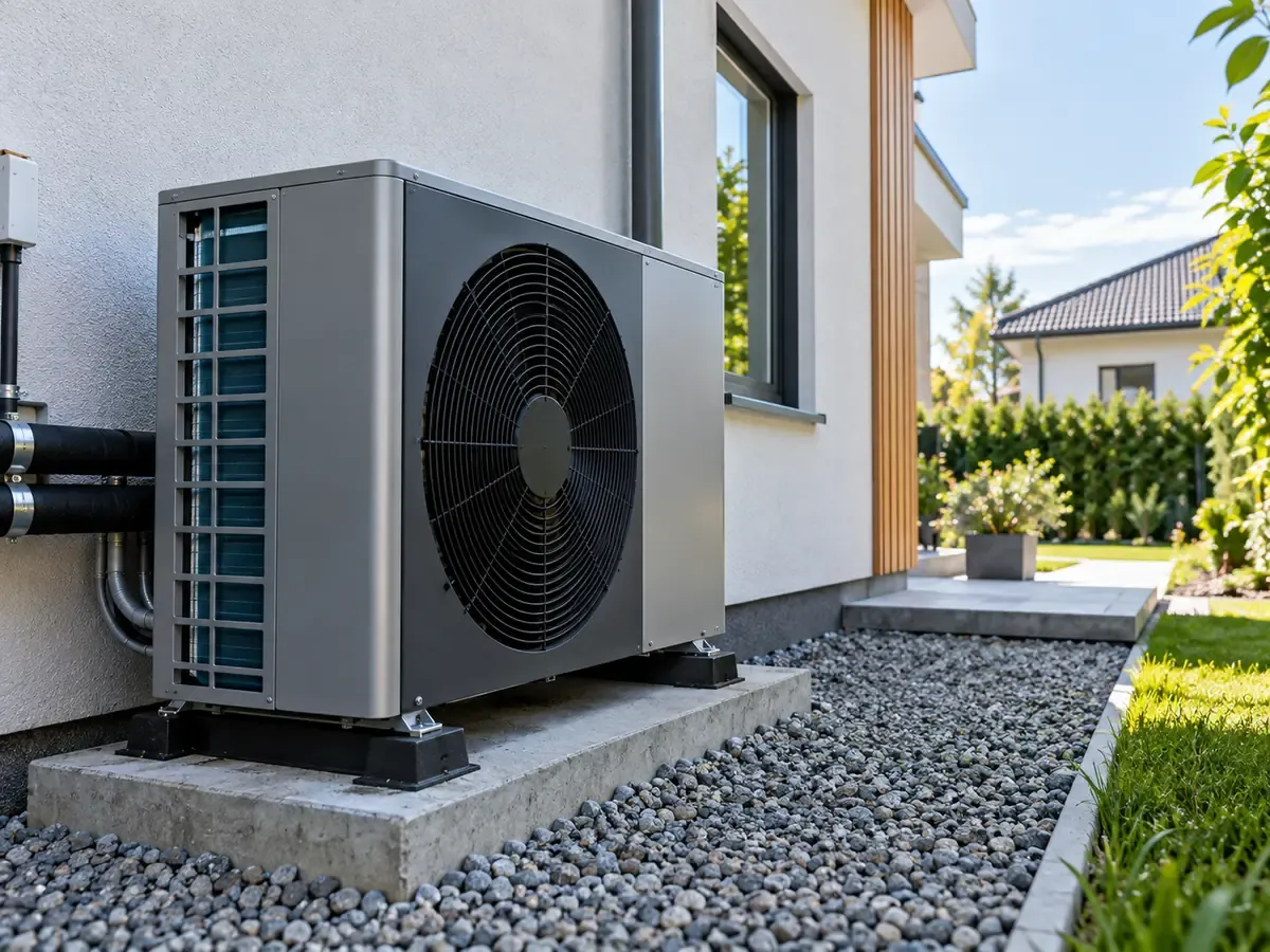 Air source heat pump outdoor unit positioned beside a building with service and airflow space