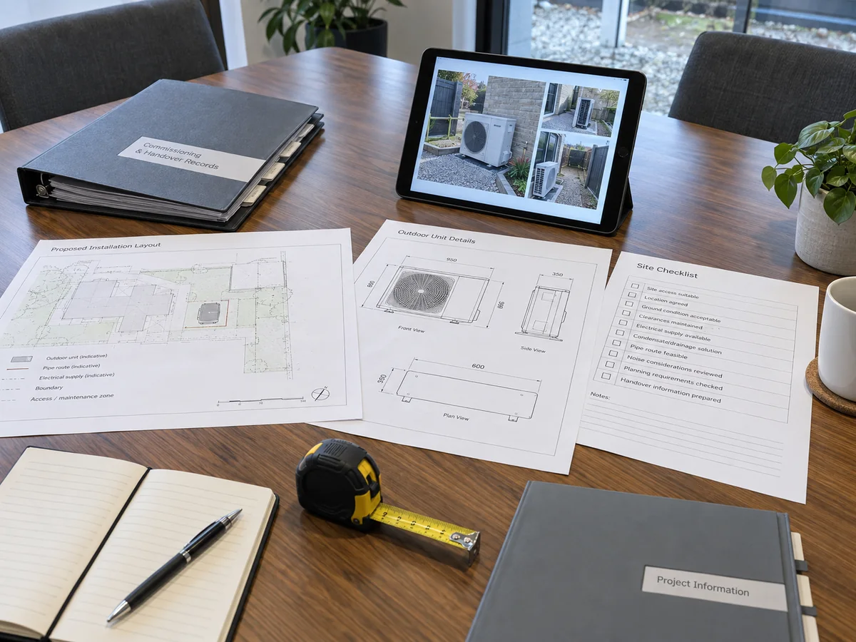 Heat pump project gate review with site layout, equipment drawing and handover records