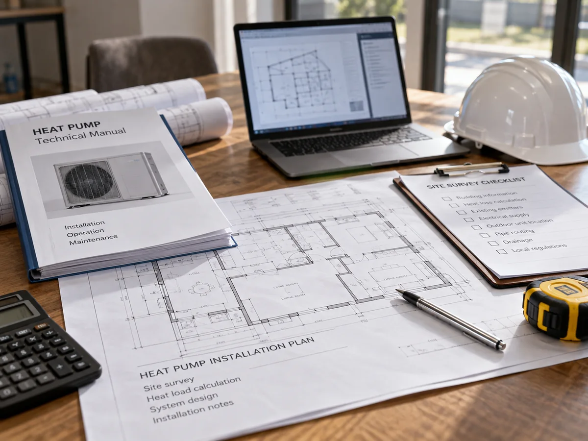 Heat pump RFQ package with site plan, equipment drawing and project checklist