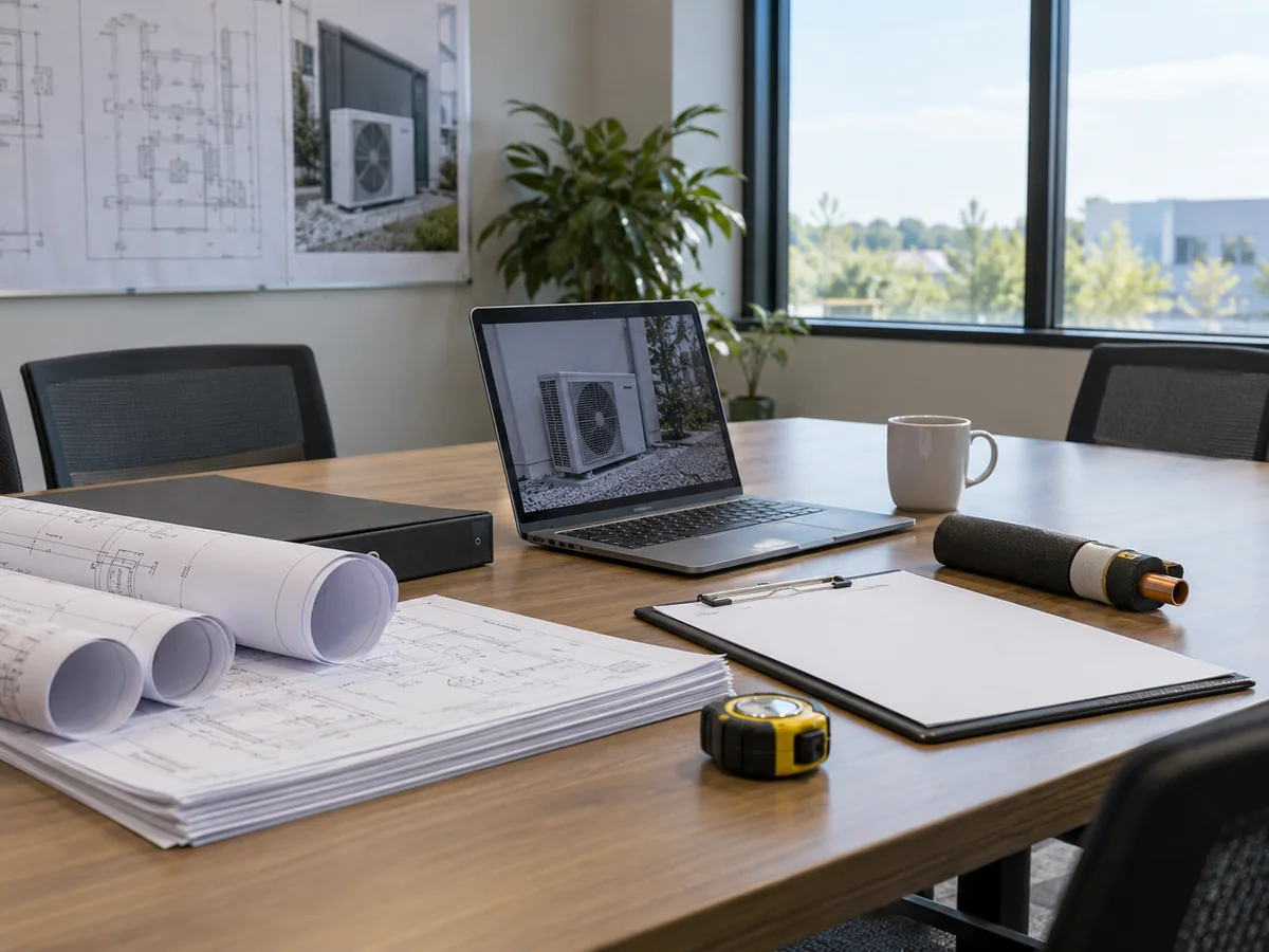 Heat pump project planning workspace with drawings and technical documents