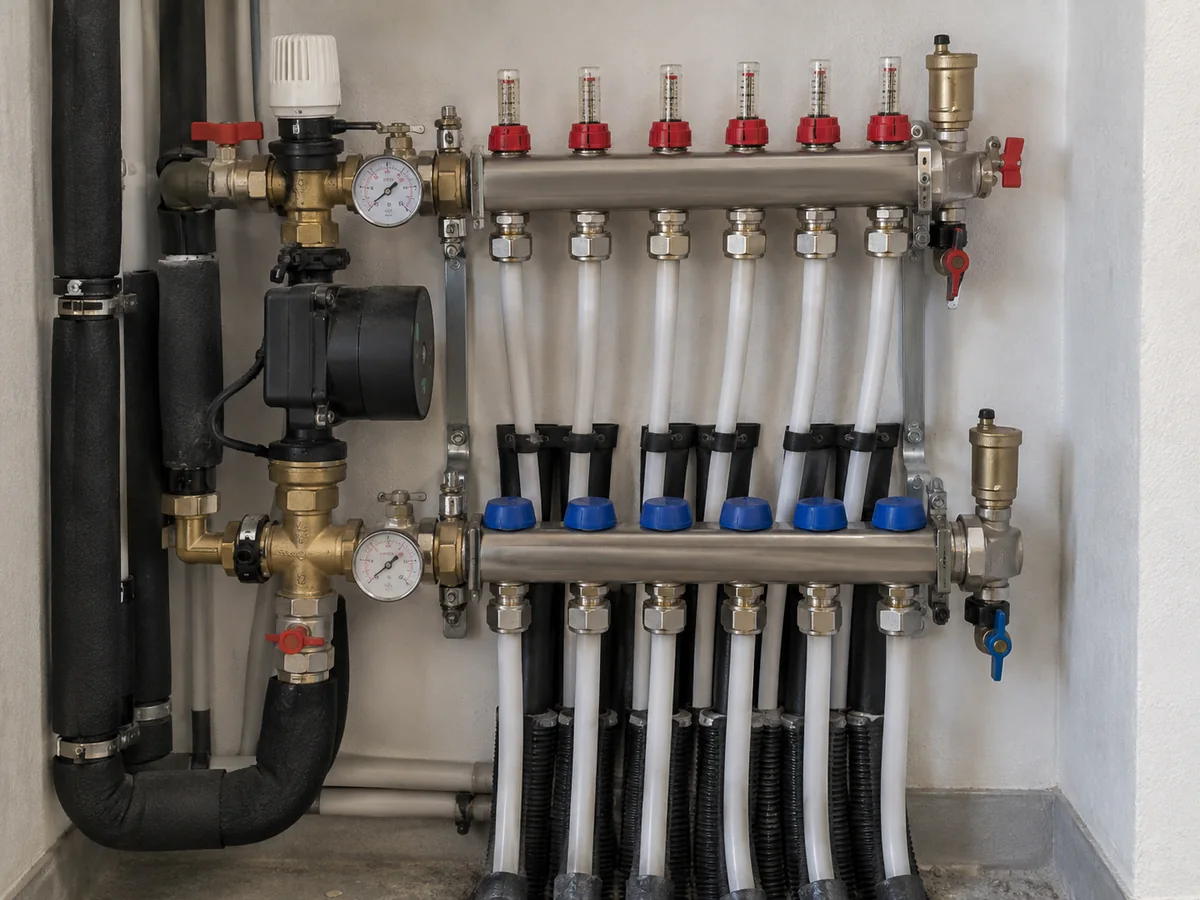 Underfloor heating manifold and flow meters connected to the hydronic distribution circuit