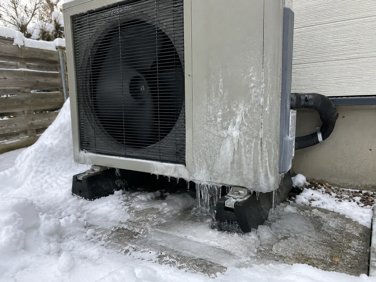 Outdoor heat pump affected by snow and ice showing a winter installation risk