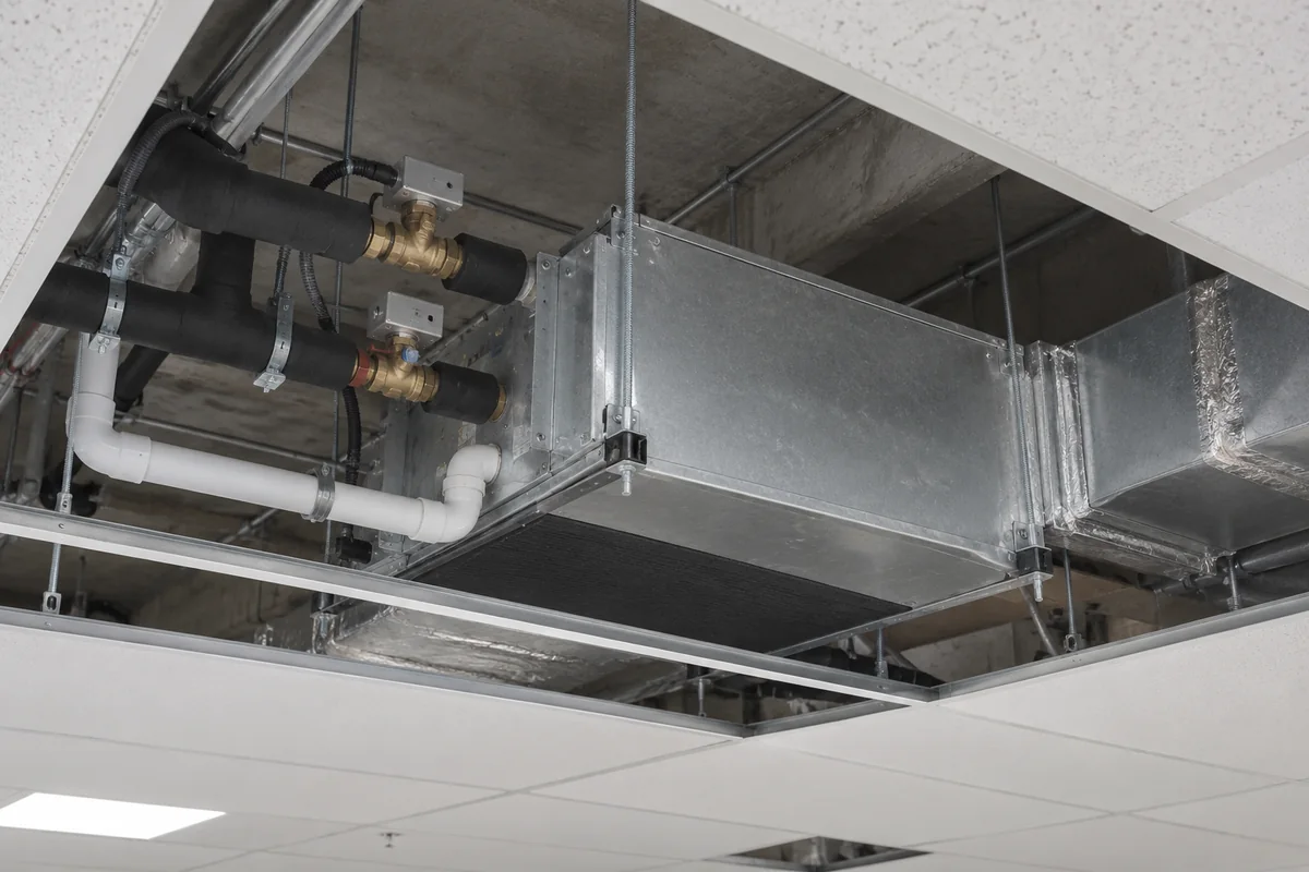 Concealed hydronic fan coil unit with insulated water piping and ductwork