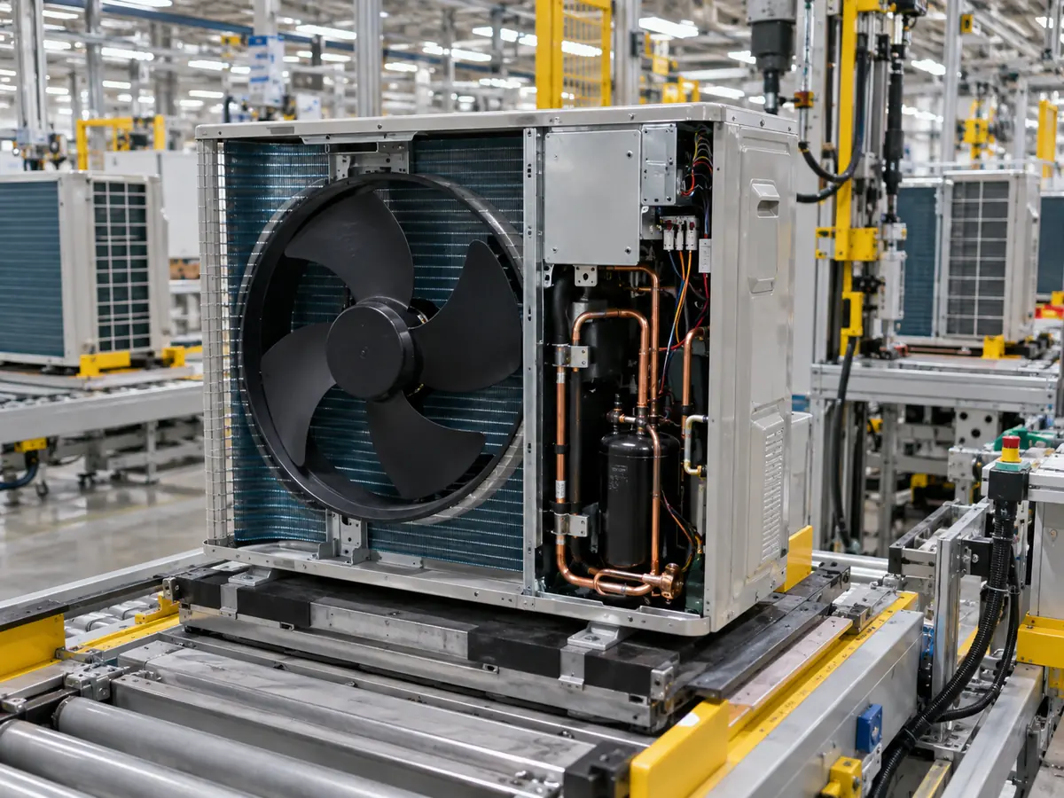 Air conditioner manufacturing workstation showing product platform and assembly control