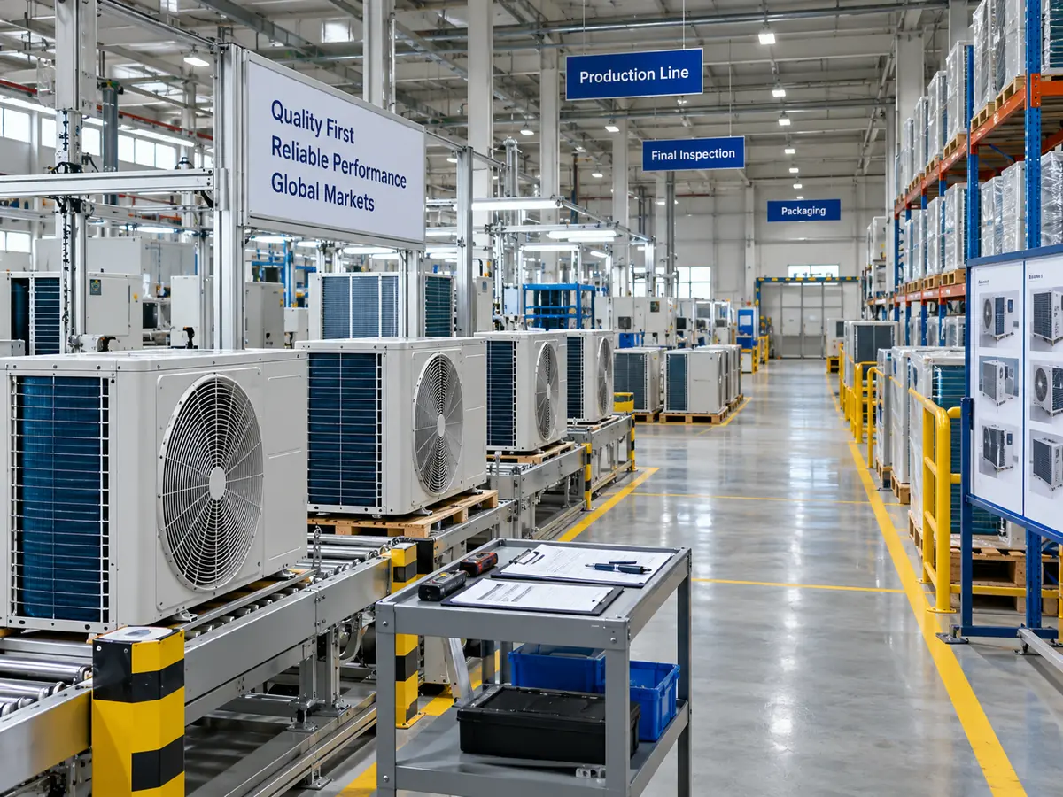 HVAC factory final-inspection area with outdoor air conditioner units prepared for quality review