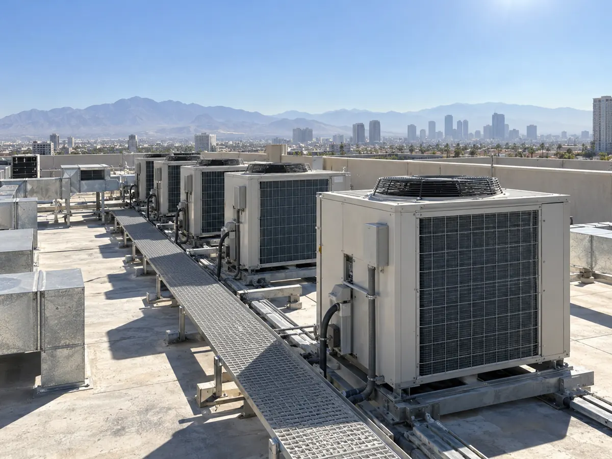 Outdoor split air conditioner units installed for a high-temperature climate application