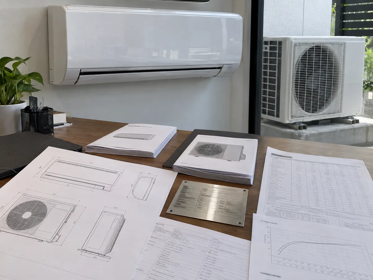Air conditioner model and technical documents checked as one matching configuration