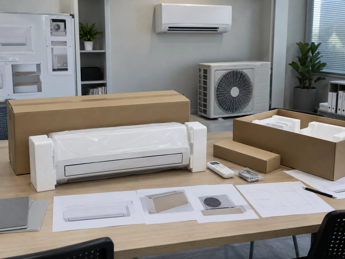 Private-label air conditioner packaging and documentation prepared for OEM review