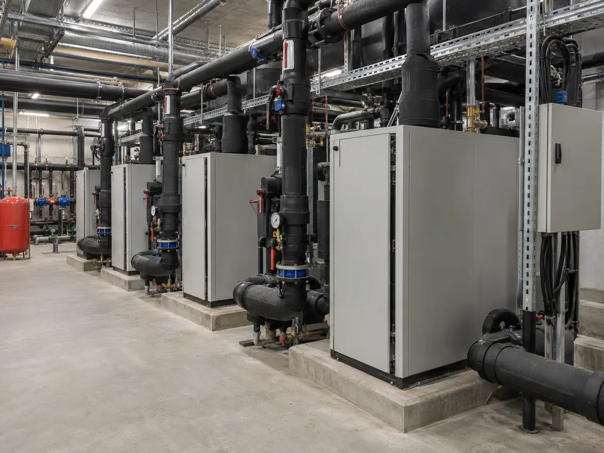 Commercial mechanical room with modular heat pump equipment and insulated hydronic piping
