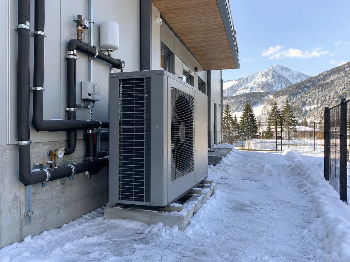 Commercial heat pump installation beside a building in snowy winter conditions