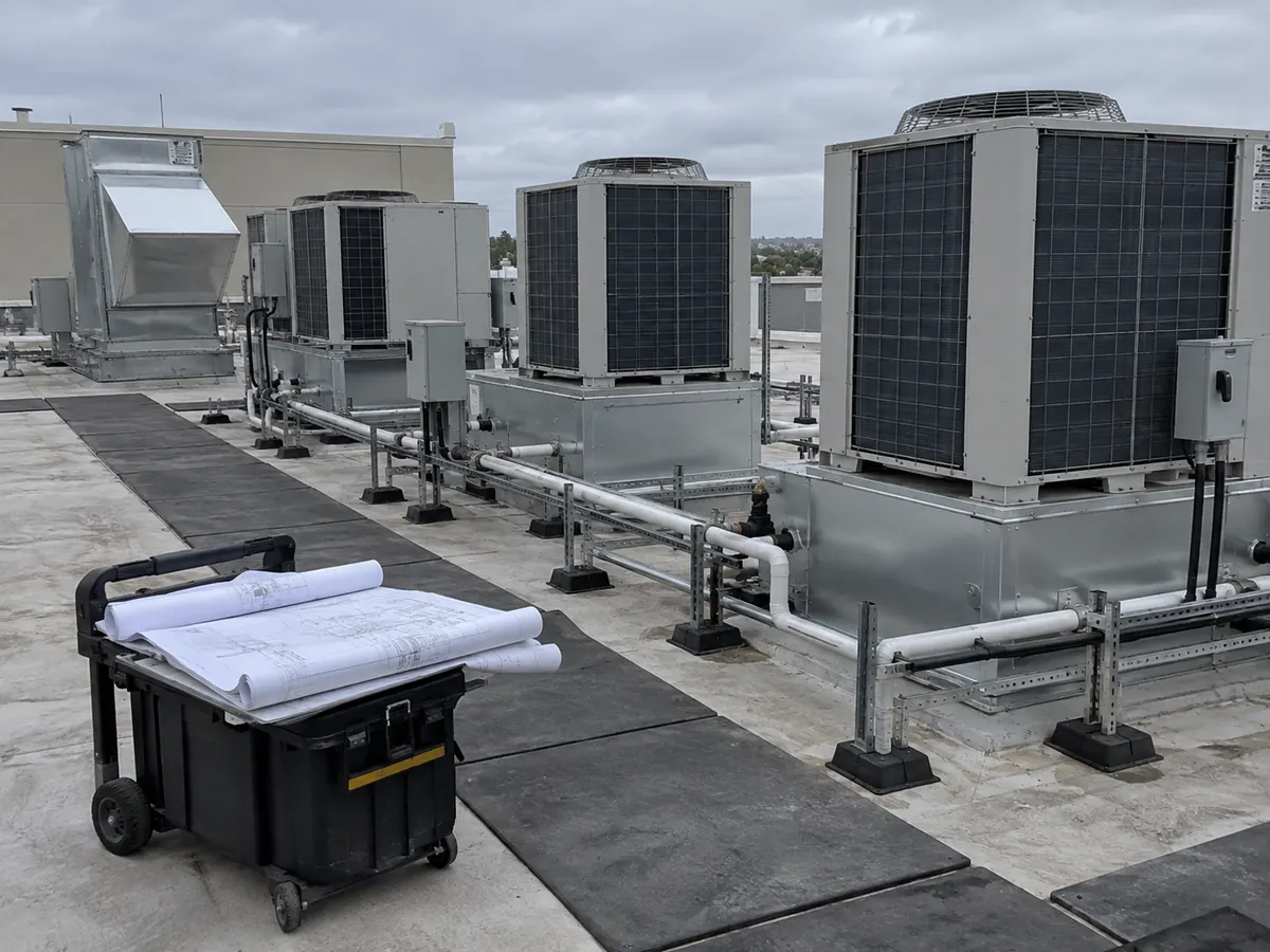Commercial rooftop HVAC equipment with project drawings ready for final review