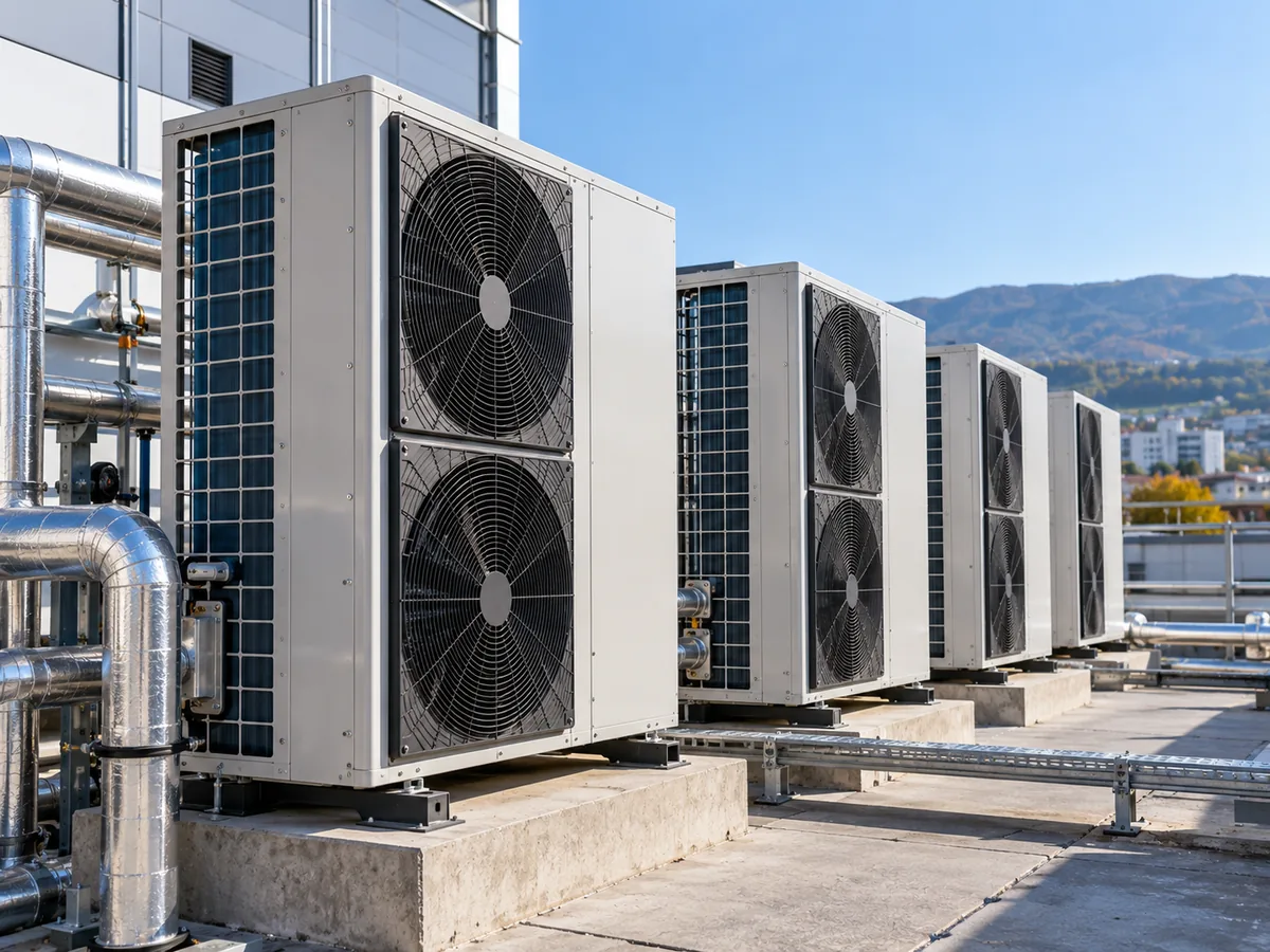 Commercial rooftop heat pump units connected to insulated hydronic piping