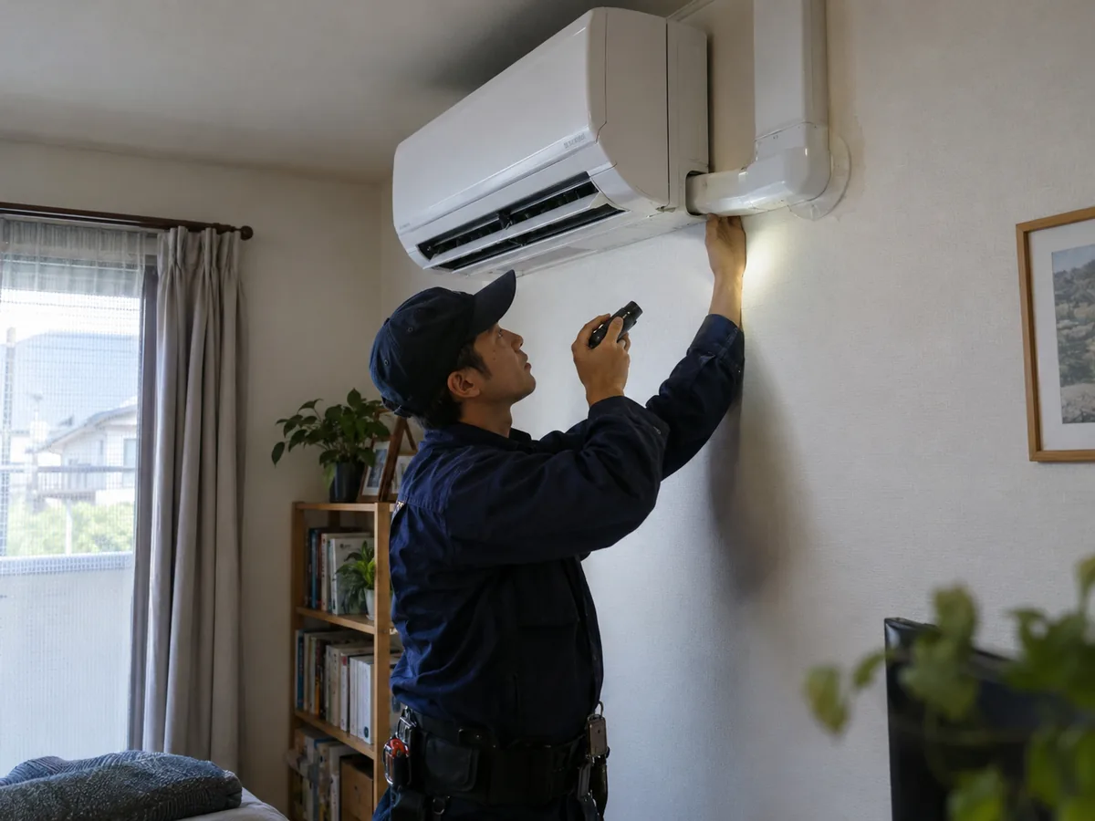 Technician checking condensate drainage and operation during split AC commissioning
