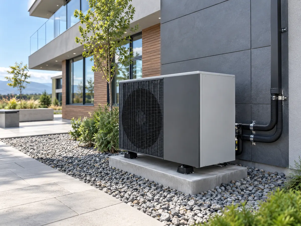 Completed outdoor heat pump installation beside a modern building.