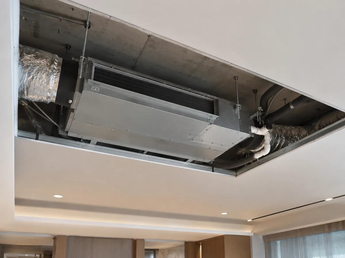 Concealed slim-duct mini split indoor unit installed above a ceiling