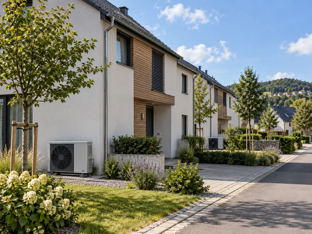 Air-to-water heat pump installations along a landscaped European residential street
