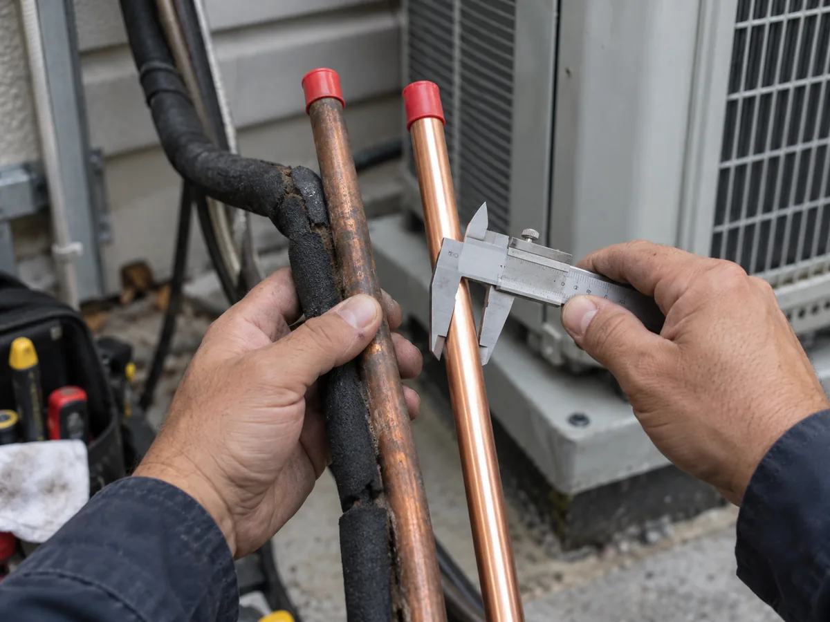 Technician inspecting an existing copper refrigerant line before deciding whether it can be reused