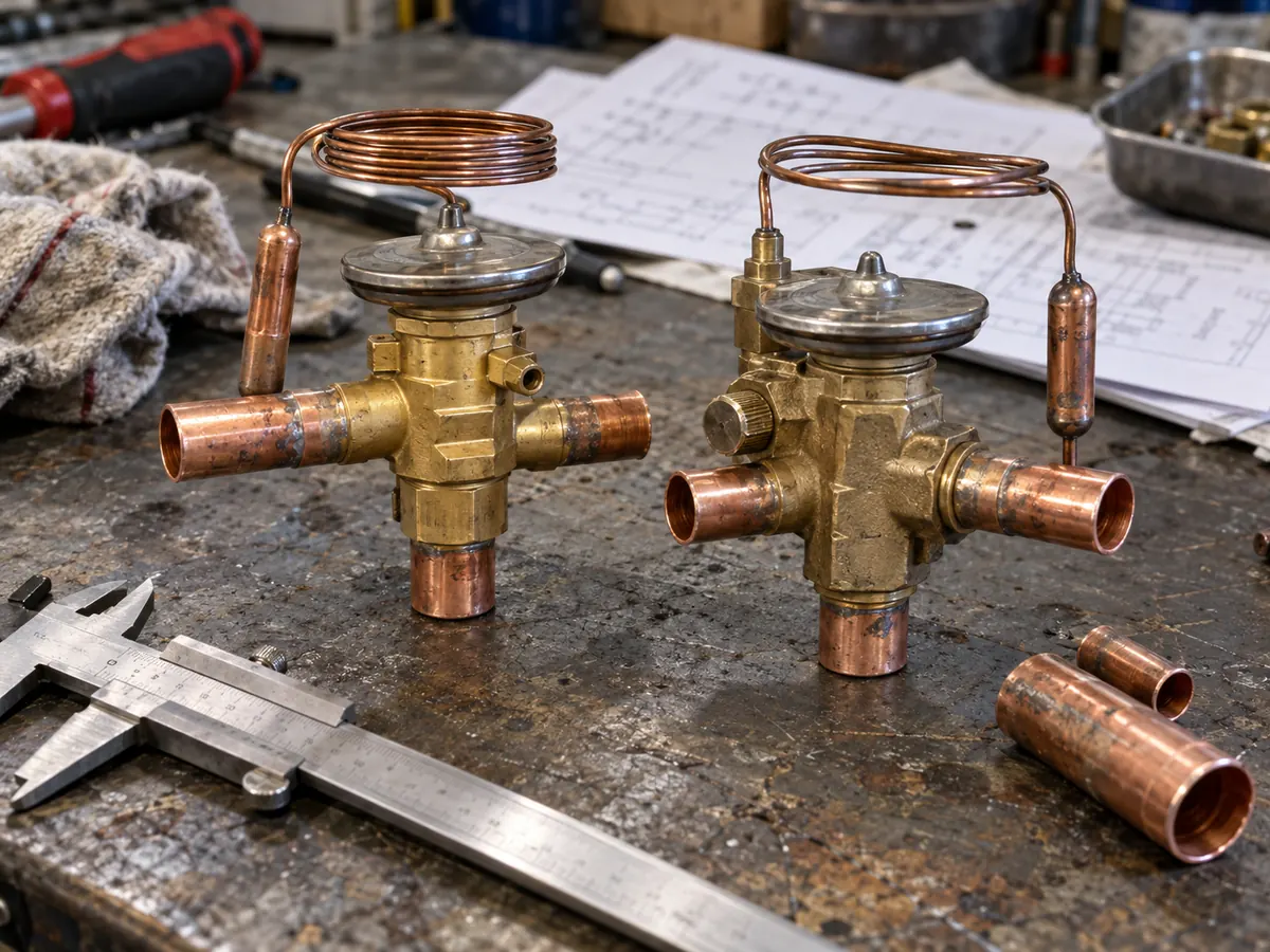Two HVAC expansion-valve components compared on a service workbench