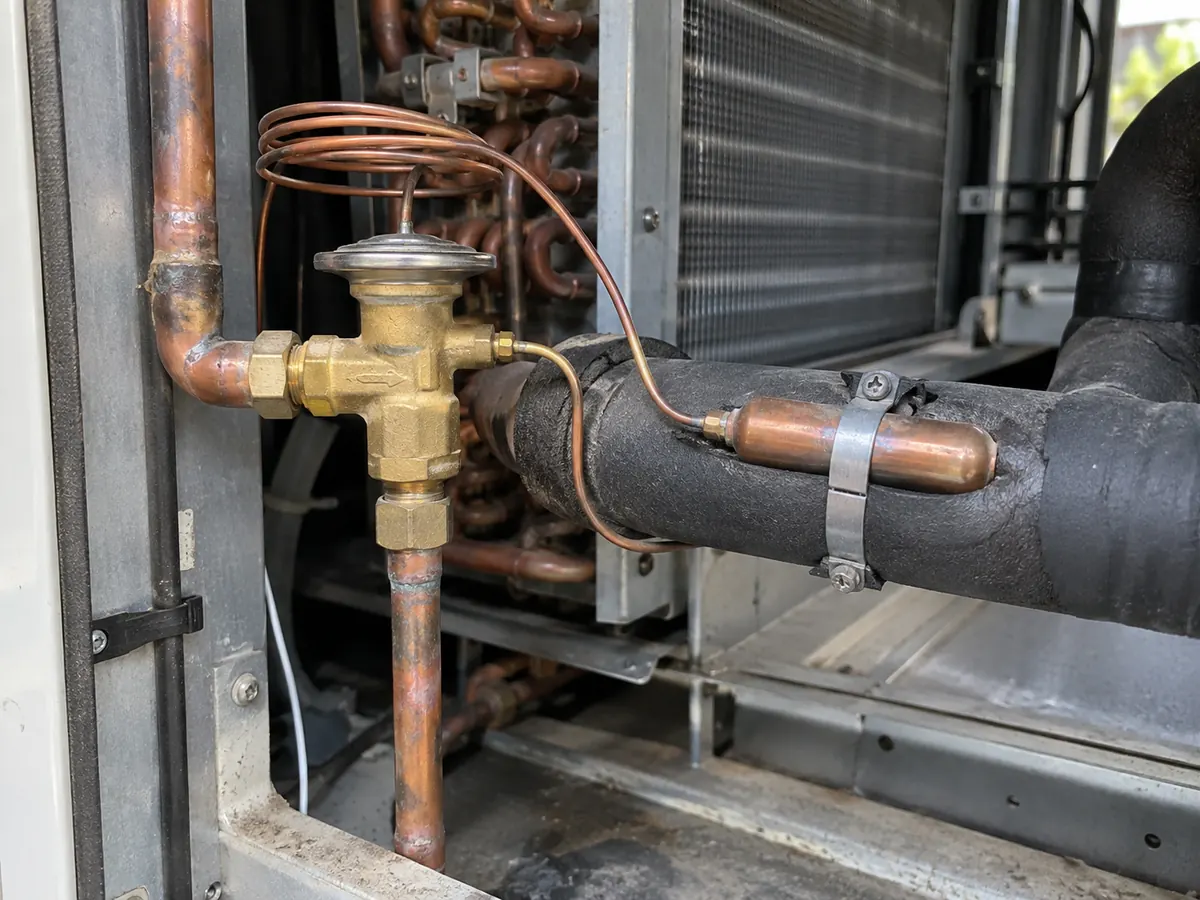 Thermostatic expansion valve with sensing bulb installed on an HVAC refrigerant circuit