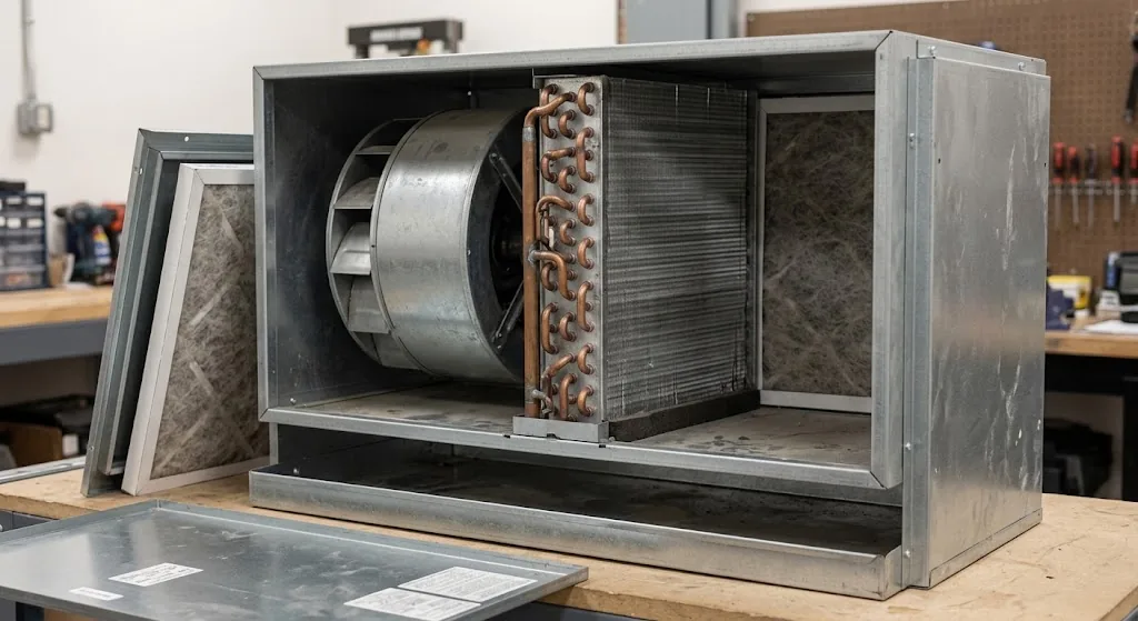 Open fan coil unit showing the blower, finned coil and filter frame
