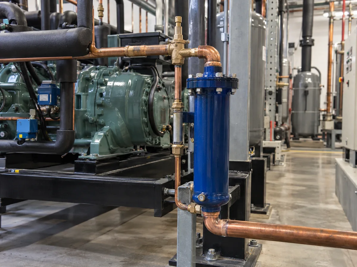 Commercial filter drier installed near compressor equipment and copper refrigerant lines.