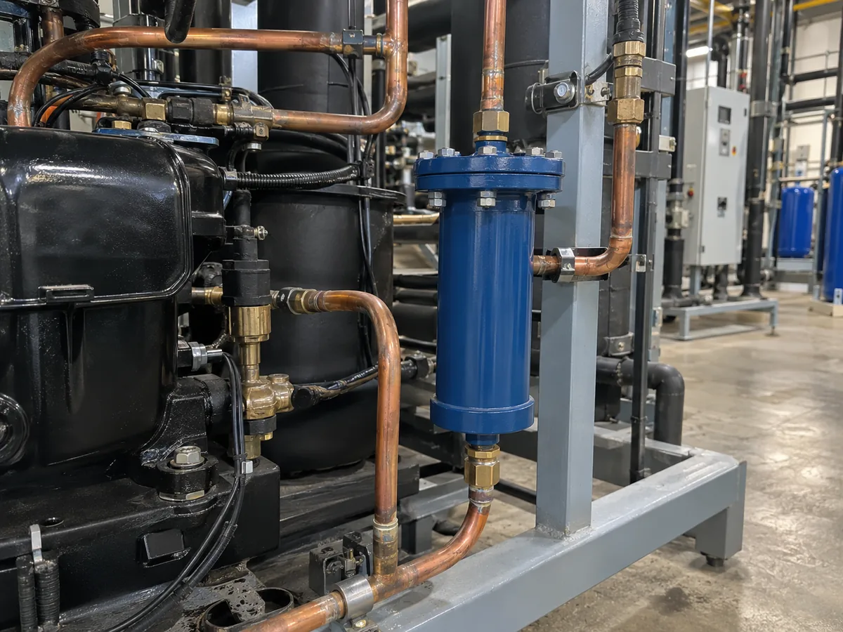 Commercial filter drier shell installed with copper piping near refrigeration equipment.