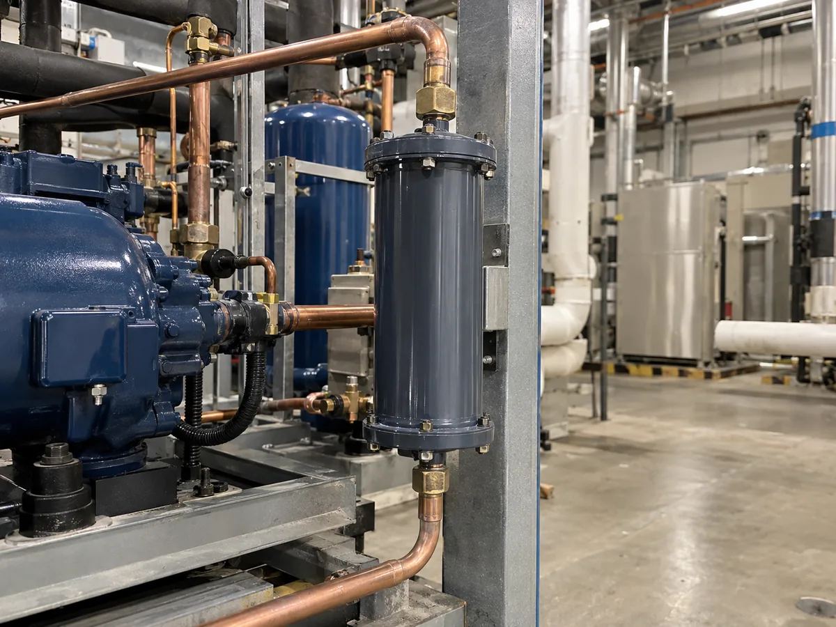 Large serviceable filter drier shell installed in a commercial refrigeration mechanical room.