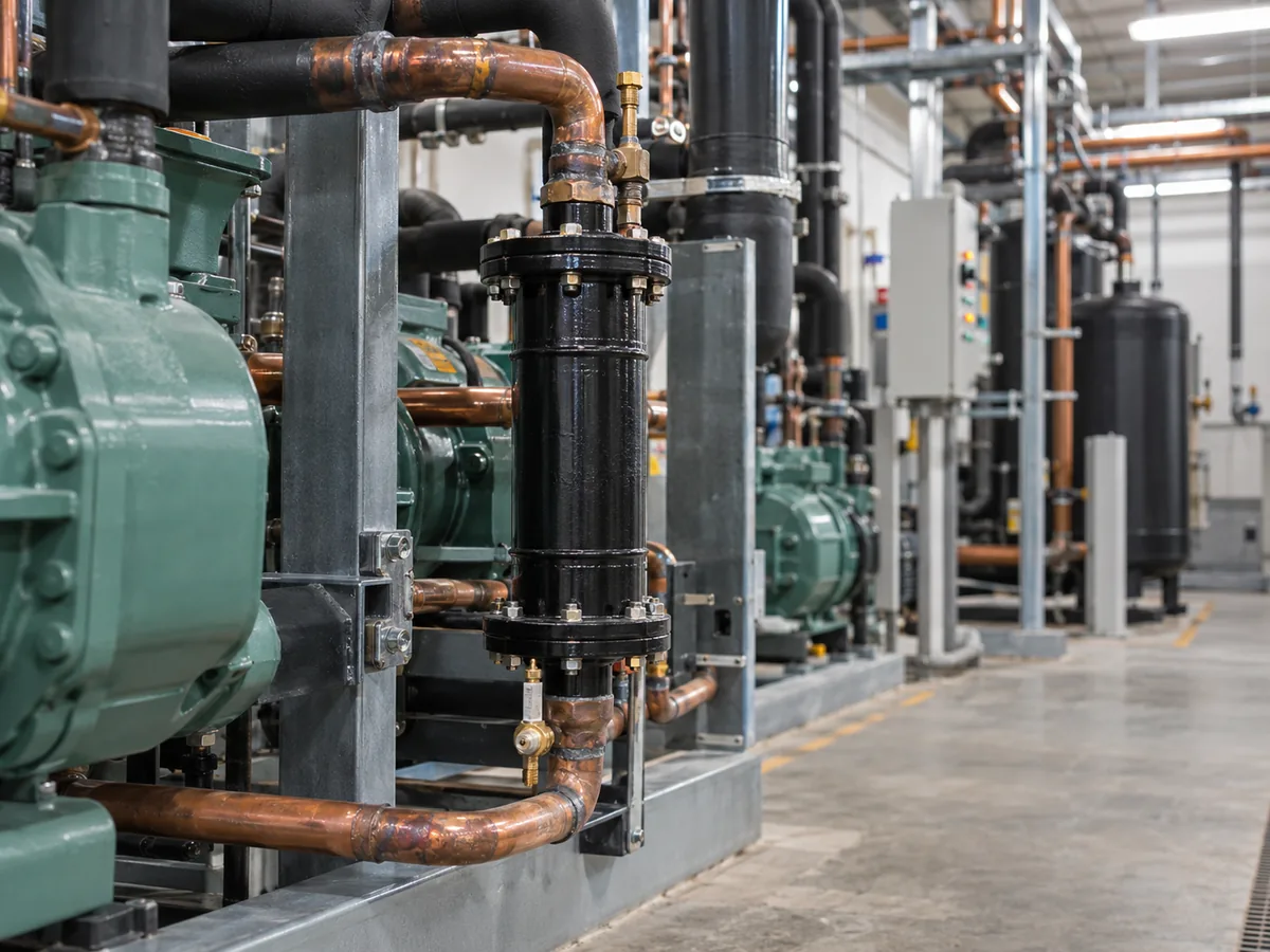 Commercial compressor rack with a large filter drier installed in the refrigerant circuit.